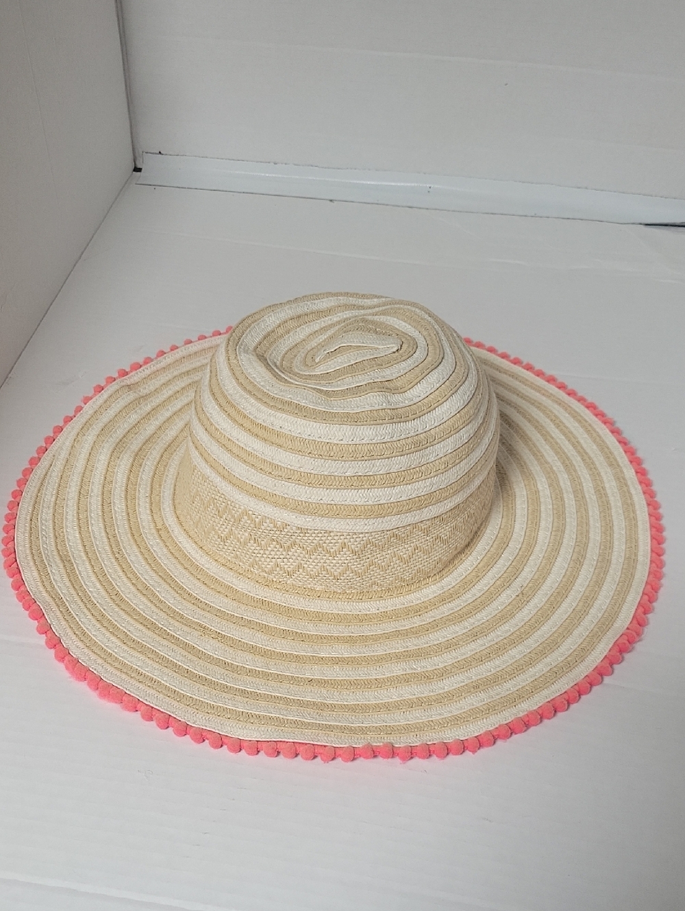Kids Straw Sun Hat with Pink Pom Trim